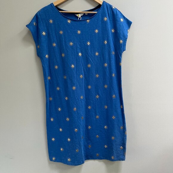 Boden Leah Jersey Blue Gold Embellished Printed Cotton‎ T Shirt Dress New US 8R - Picture 1 of 4